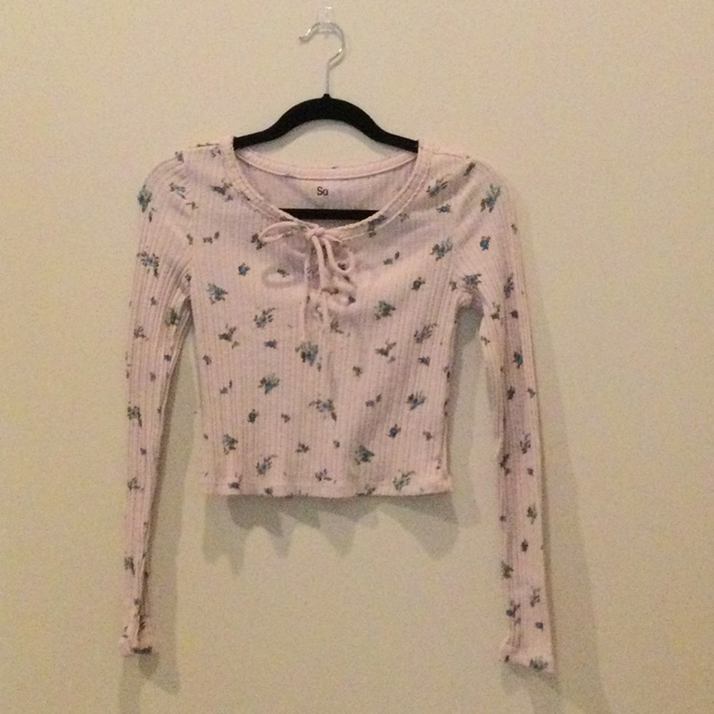 SO Lace-Up Ribbed Long Sleeve Crop Top - Light Pink Floral